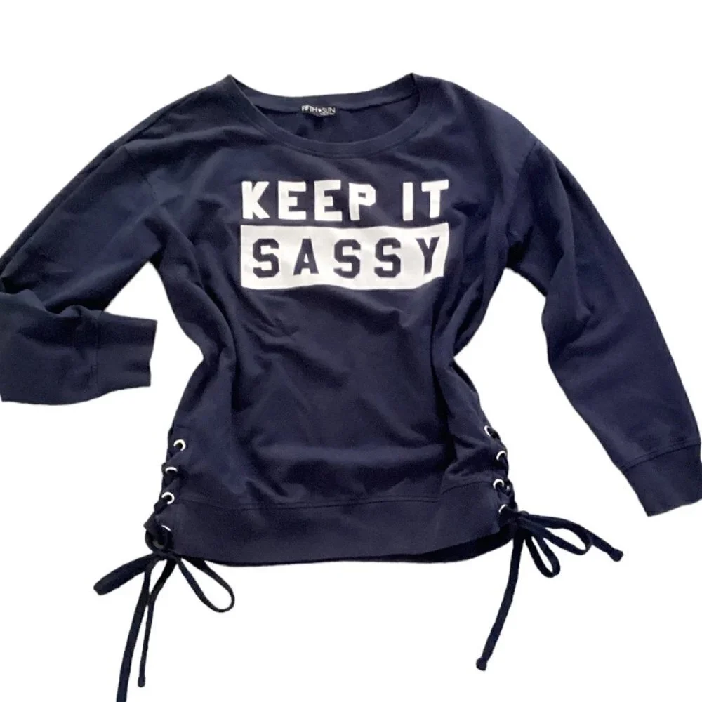 Fifth Sun Keep It Sassy Graphic‎ Sweatshirt/Tee Side Lace-up L Navy Blue #143C - Picture 5 of 8